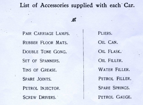 Albion Car: List of Accessories